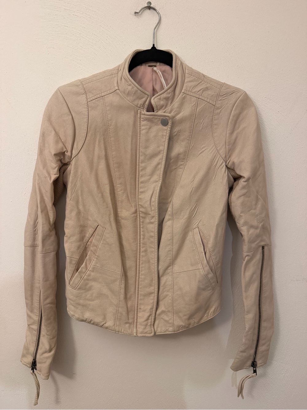 Free People Cream Leather Moto Jacket with Zip Cuffs